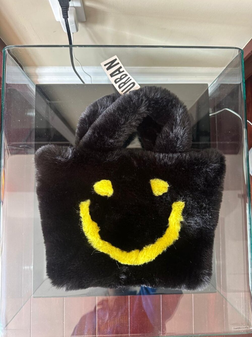 NWT URBAN OUTFITTERS Black Faux Fur Smiley Face Tote Bag | Plush Top Handle - Picture 4 of 5